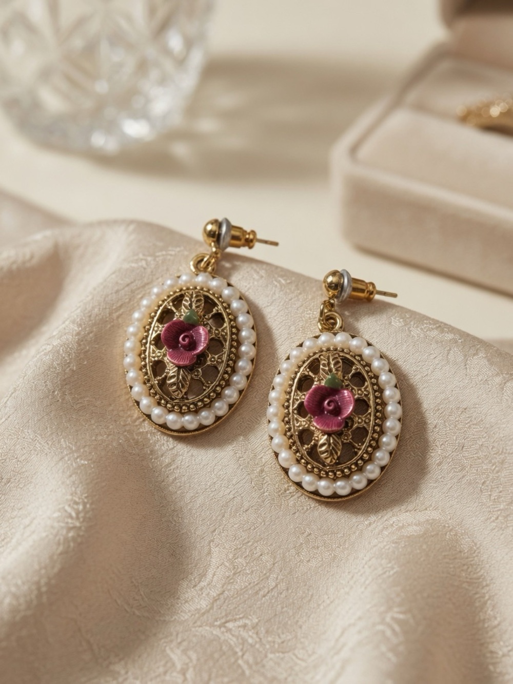 Vintage 1928 Gold Tone Faux Pearl Dangle Earrings Pink Rose Filigree Revival